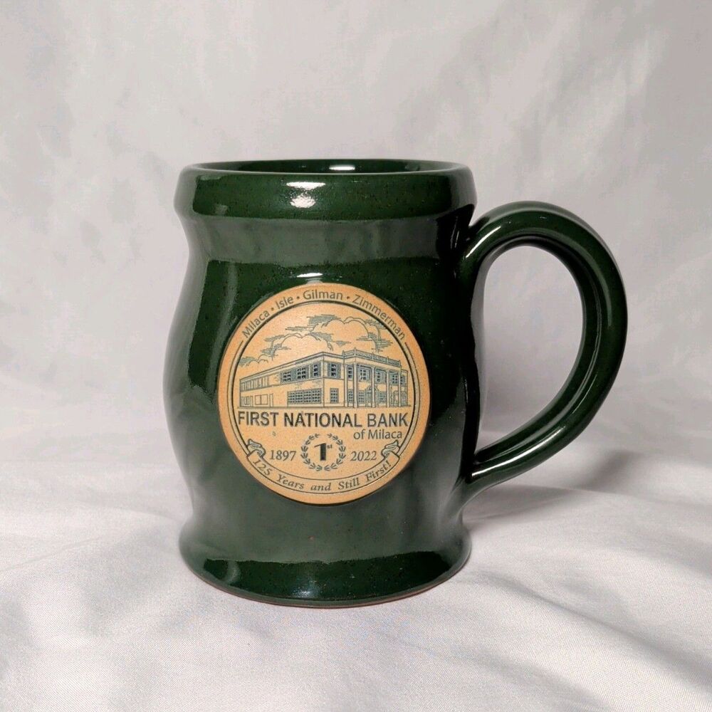 Deneen Pottery Mug Green First National Bank of Milaca Ceramic Coffee Mug Cup